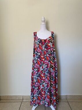 Linen + Limes Floral Maxi Dress 3X Button-Front Tropical Pockets Multicolor Flow